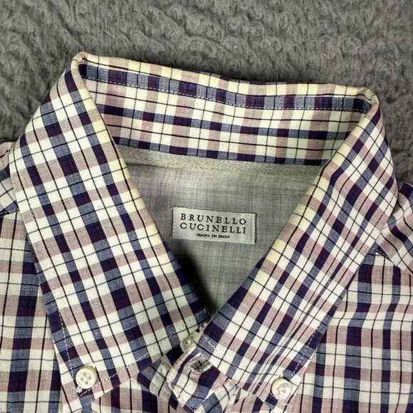 Brunello Cucinelli Button Shirt Mens M Purple Plaid Linen Blend Italy Dress - Picture 3 of 9
